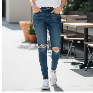 Levis 721 High Rise Skinny Jeans Dark Wash Distressed Ripped Knee 28x30